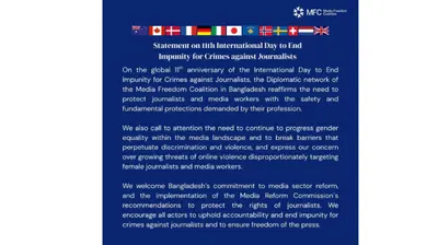 13 Nations Urge Bangladesh to End Impunity for Crimes Against Journalists