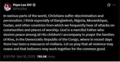 Pope Expresses Concern Over Christian Persecution in Bangladesh